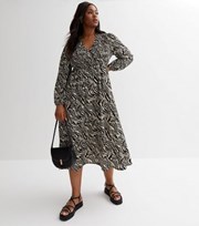 New Look Curves Brown Zebra Print Shirred Midi Wrap Dress